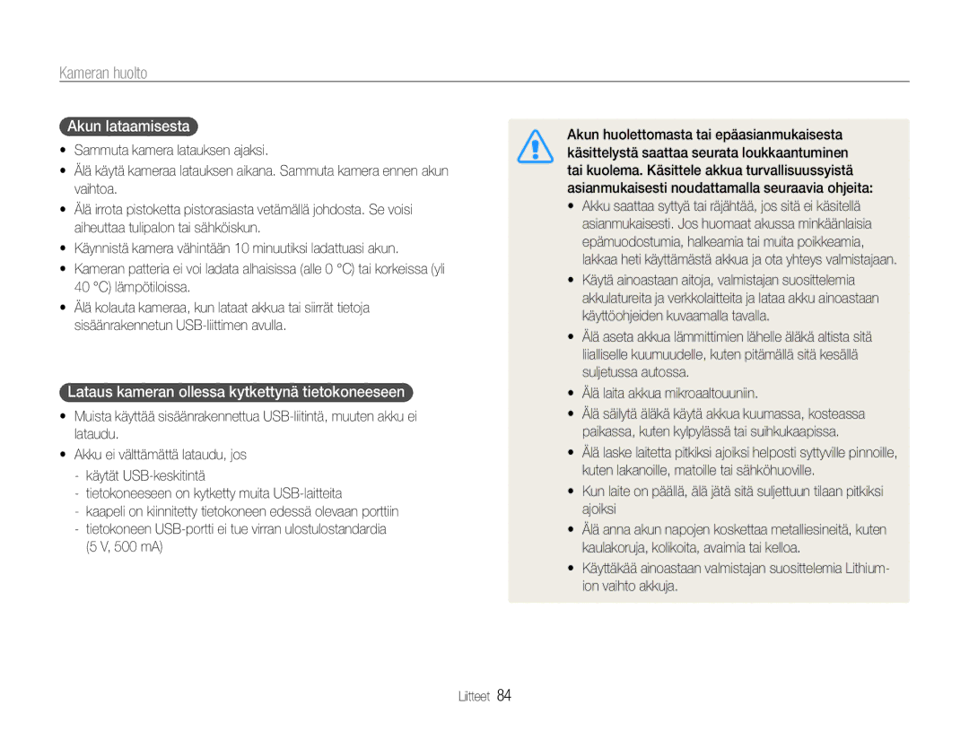 Samsung EC-PL90ZZBAAE2, EC-PL90ZZBAAE3 manual Akun lataamisesta, Lataus kameran ollessa kytkettynä tietokoneeseen, 500 mA 