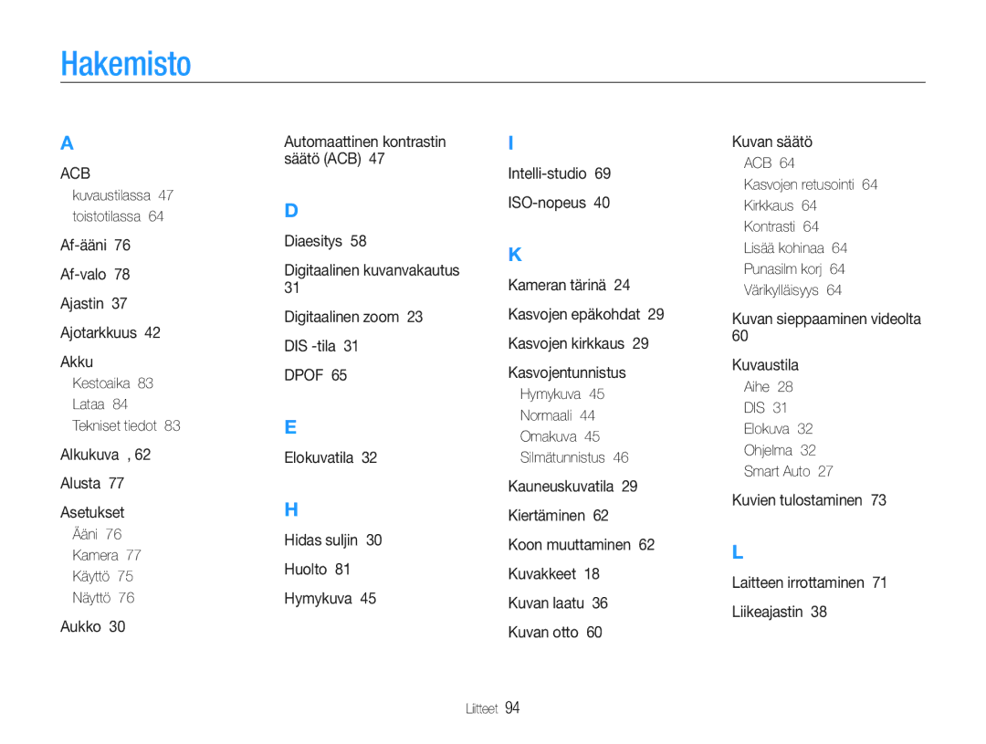 Samsung EC-PL90ZZBPRE2 manual Hakemisto, Ääni 76 Kamera 77 Käyttö 75 Näyttö, Hymykuva Normaali Omakuva Silmätunnistus 