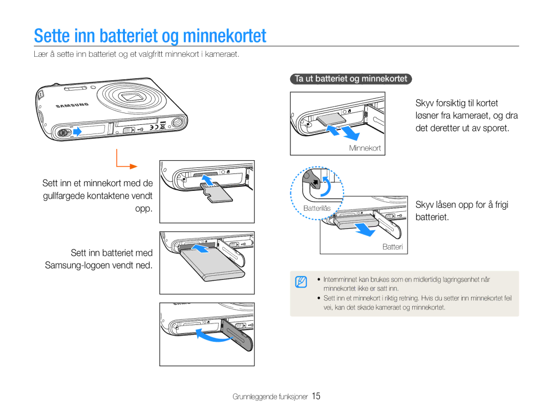 Samsung EC-PL90ZZBPAE2, EC-PL90ZZBAAE3 manual Sette inn batteriet og minnekortet, Opp Sett inn batteriet med, Batteriet 