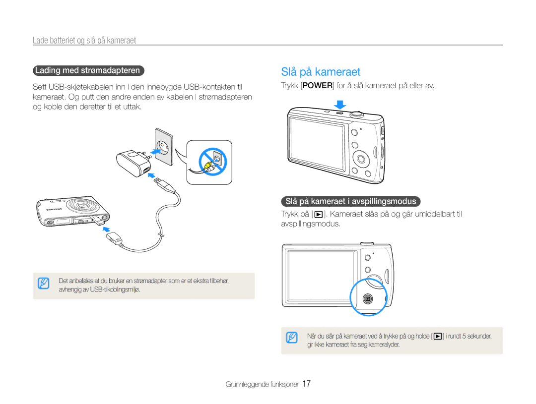 Samsung EC-PL90ZZBAAE3, EC-PL90ZZBAAE2 manual Slå på kameraet, Lade batteriet og slå på kameraet, Lading med strømadapteren 