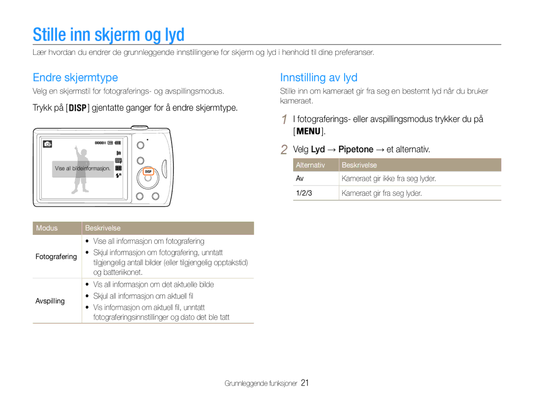 Samsung EC-PL90ZZBPAE2, EC-PL90ZZBAAE3, EC-PL90ZZBAAE2 manual Stille inn skjerm og lyd, Endre skjermtype, Innstilling av lyd 