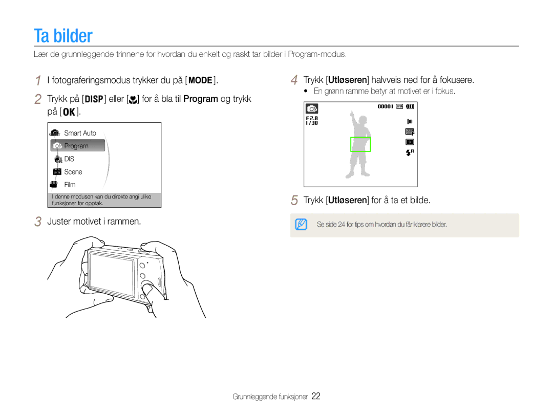 Samsung EC-PL90ZZBPRE2, EC-PL90ZZBAAE3, EC-PL90ZZBAAE2, EC-PL90ZZBAEE2 manual Ta bilder, Trykk Utløseren for å ta et bilde 