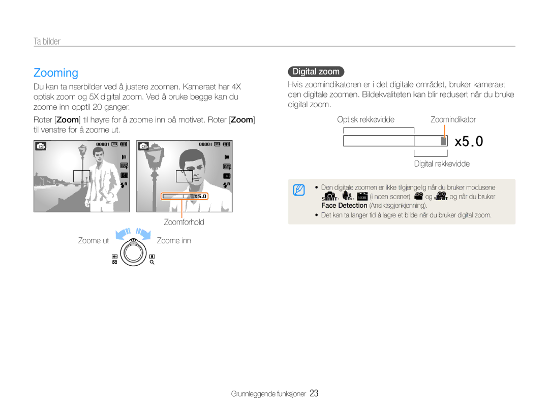 Samsung EC-PL90ZZBAAE3, EC-PL90ZZBAAE2 manual Zooming, Ta bilder, Digital zoom, Zoome ut Zoome inn, Digital rekkevidde 