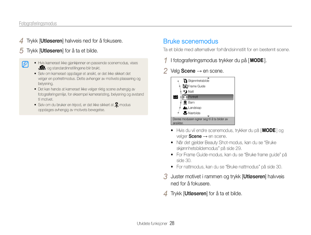 Samsung EC-PL90ZZBPRE2, EC-PL90ZZBAAE3, EC-PL90ZZBAAE2 manual Bruke scenemodus, Fotograferingsmodus, Velg Scene → en scene 