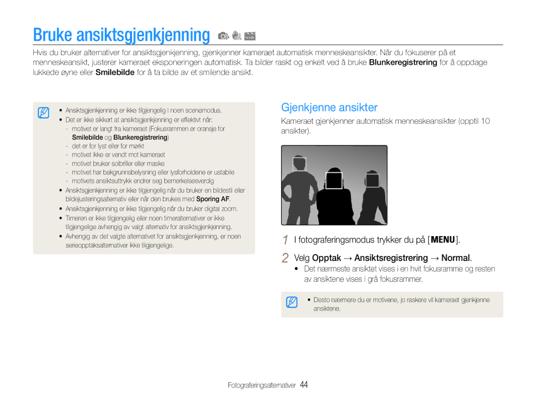 Samsung EC-PL90ZZBARE2, EC-PL90ZZBAAE3, EC-PL90ZZBAAE2, EC-PL90ZZBAEE2 manual Bruke ansiktsgjenkjenning, Gjenkjenne ansikter 