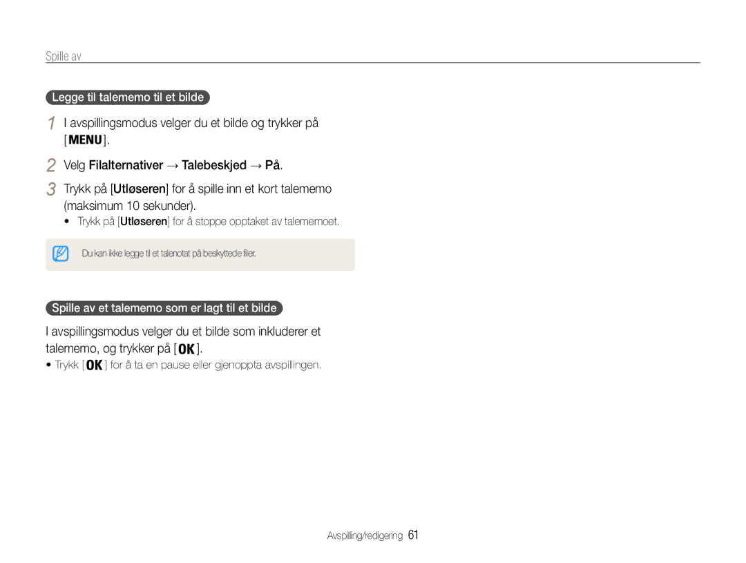 Samsung EC-PL90ZZBAEE2 manual Avspillingsmodus velger du et bilde som inkluderer et, Legge til talememo til et bilde 