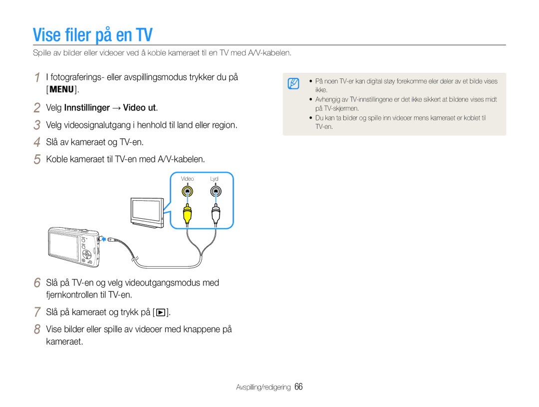 Samsung EC-PL90ZZBAAE2 Vise filer på en TV, Fotograferings- eller avspillingsmodus trykker du på, Slå av kameraet og TV-en 