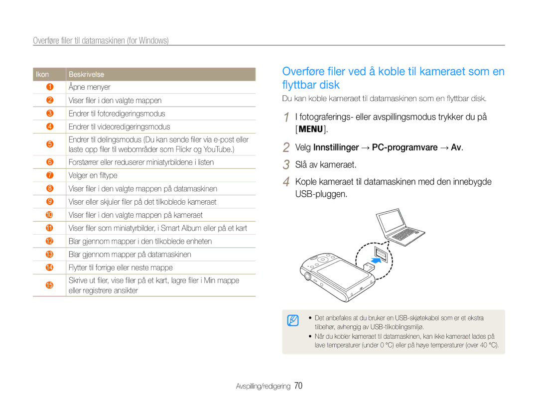 Samsung EC-PL90ZZBPRE2, EC-PL90ZZBAAE3, EC-PL90ZZBAAE2 manual Overføre filer ved å koble til kameraet som en flyttbar disk 