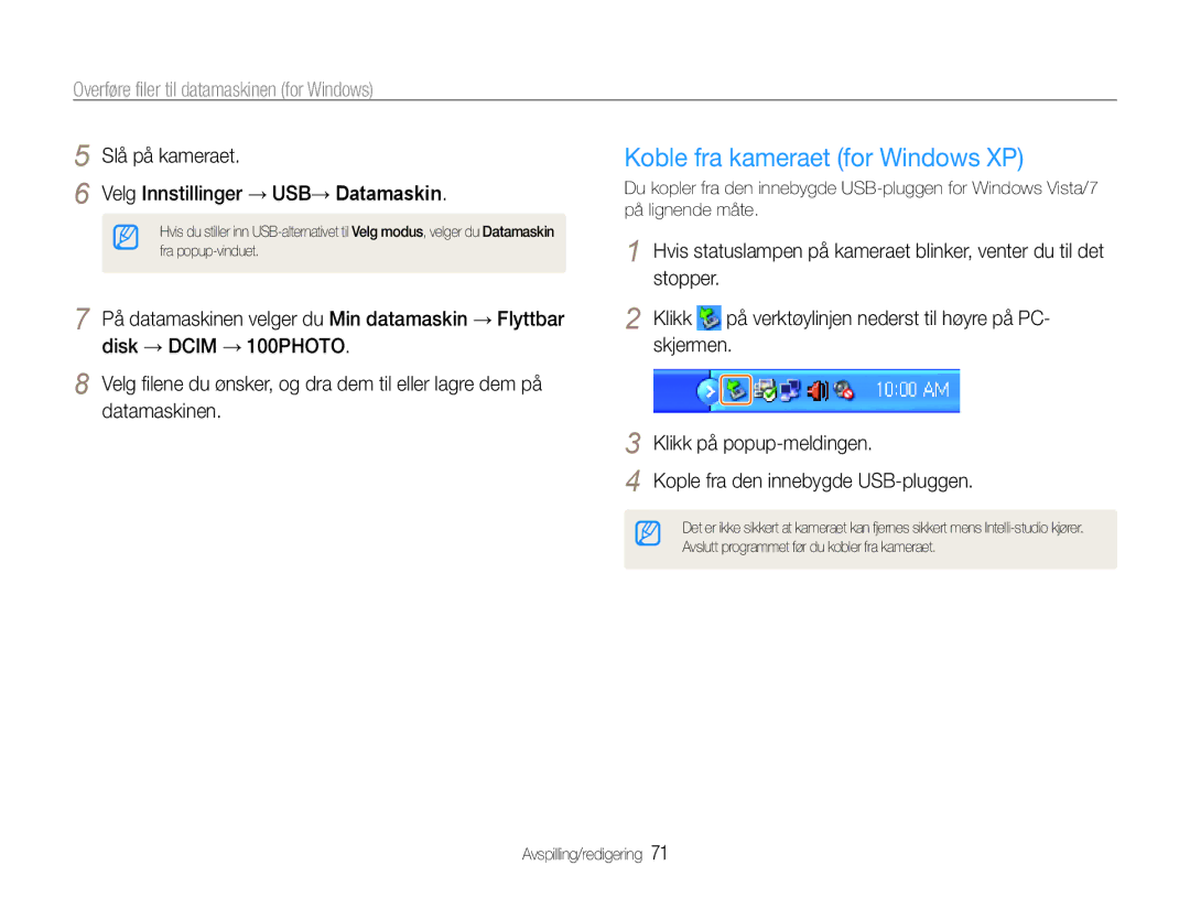 Samsung EC-PL90ZZBAAE3, EC-PL90ZZBAAE2 manual Koble fra kameraet for Windows XP, Skjermen, Klikk på popup-meldingen 