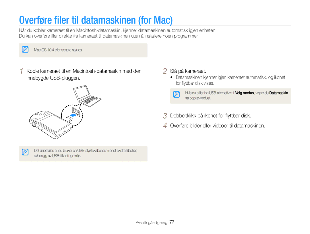 Samsung EC-PL90ZZBAAE2, EC-PL90ZZBAAE3, EC-PL90ZZBAEE2, EC-PL90ZZBARE2 manual Overføre filer til datamaskinen for Mac 