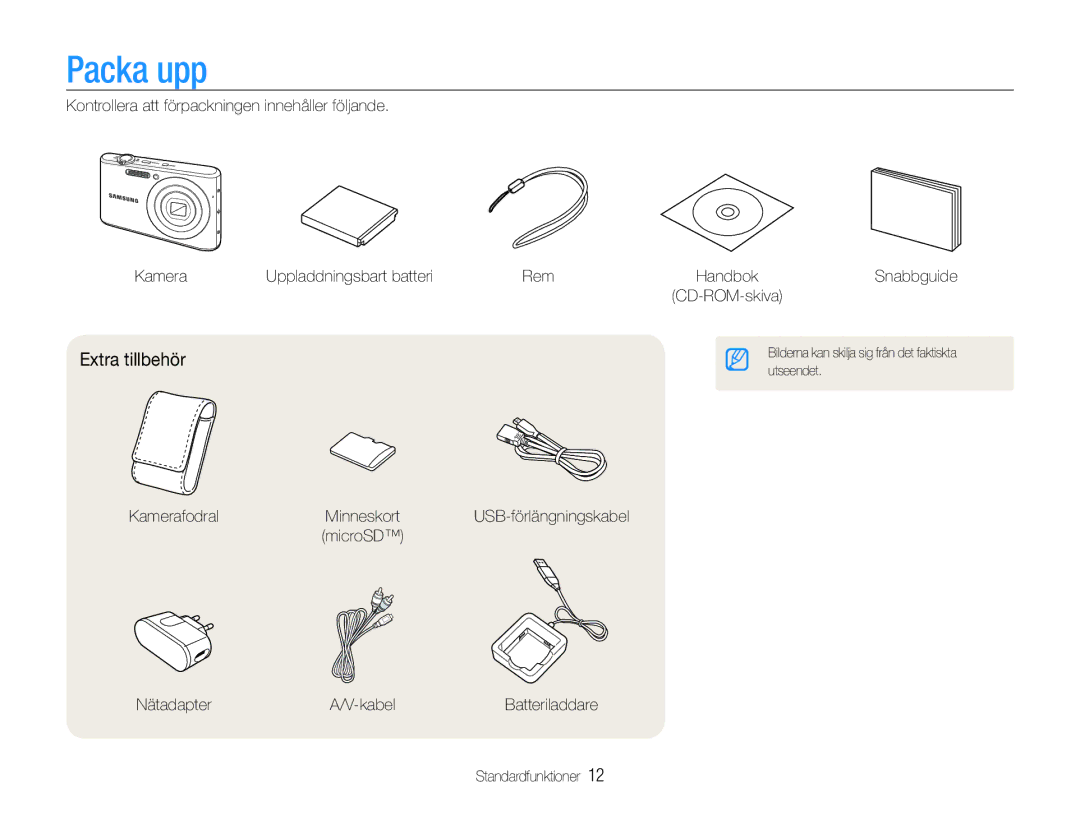 Samsung EC-PL90ZZBAAE2, EC-PL90ZZBAAE3, EC-PL90ZZBAEE2, EC-PL90ZZBARE2, EC-PL90ZZBPAE2 manual Packa upp, Extra tillbehör 