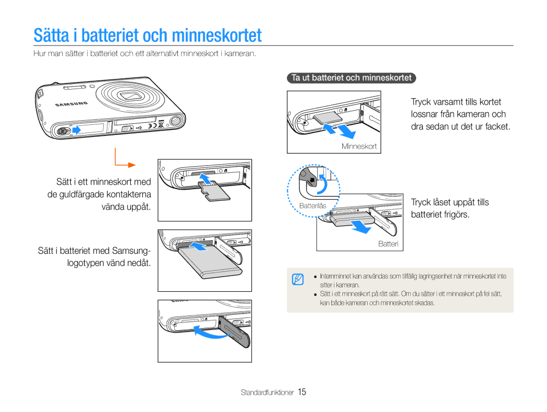 Samsung EC-PL90ZZBPAE2 manual Sätta i batteriet och minneskortet, Vända uppåt, Logotypen vänd nedåt, Batteriet frigörs 