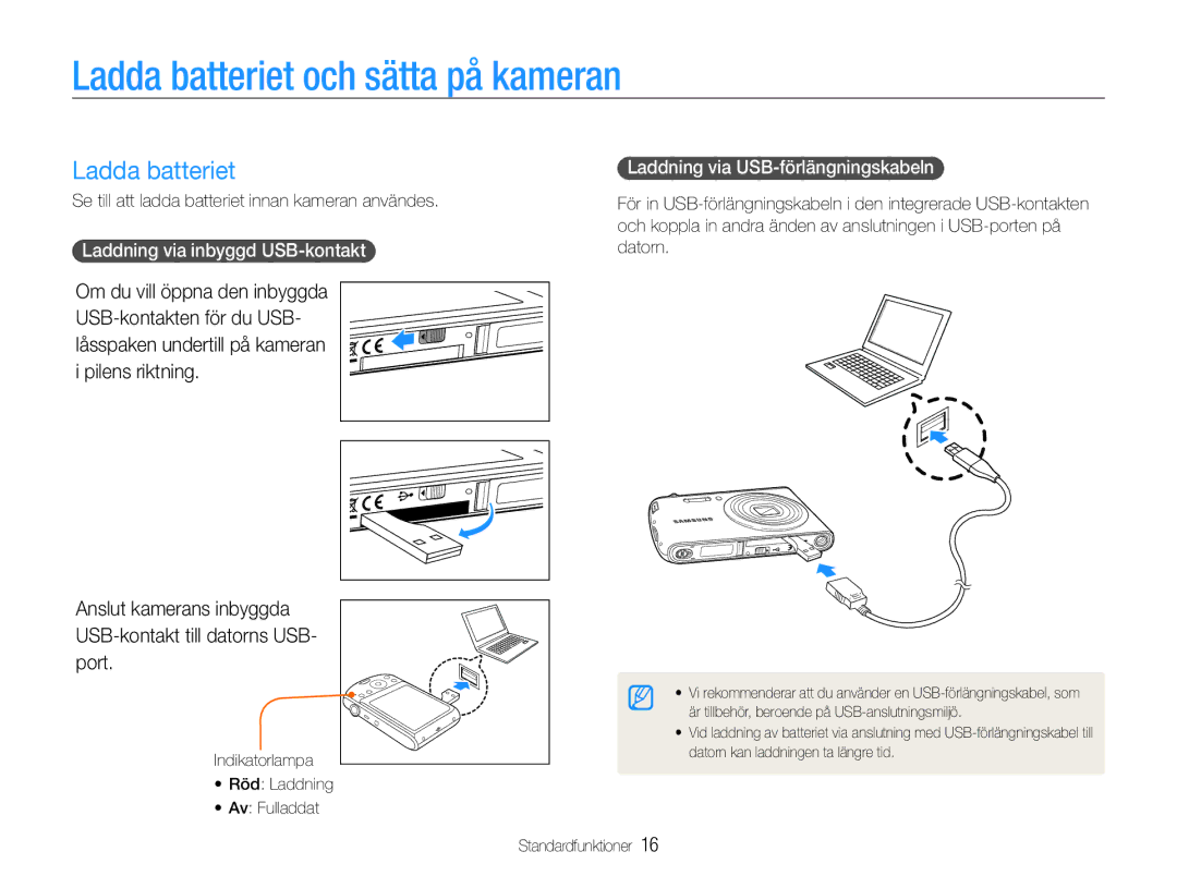 Samsung EC-PL90ZZBPRE2, EC-PL90ZZBAAE3 manual Ladda batteriet och sätta på kameran, Laddning via inbyggd USB-kontakt 