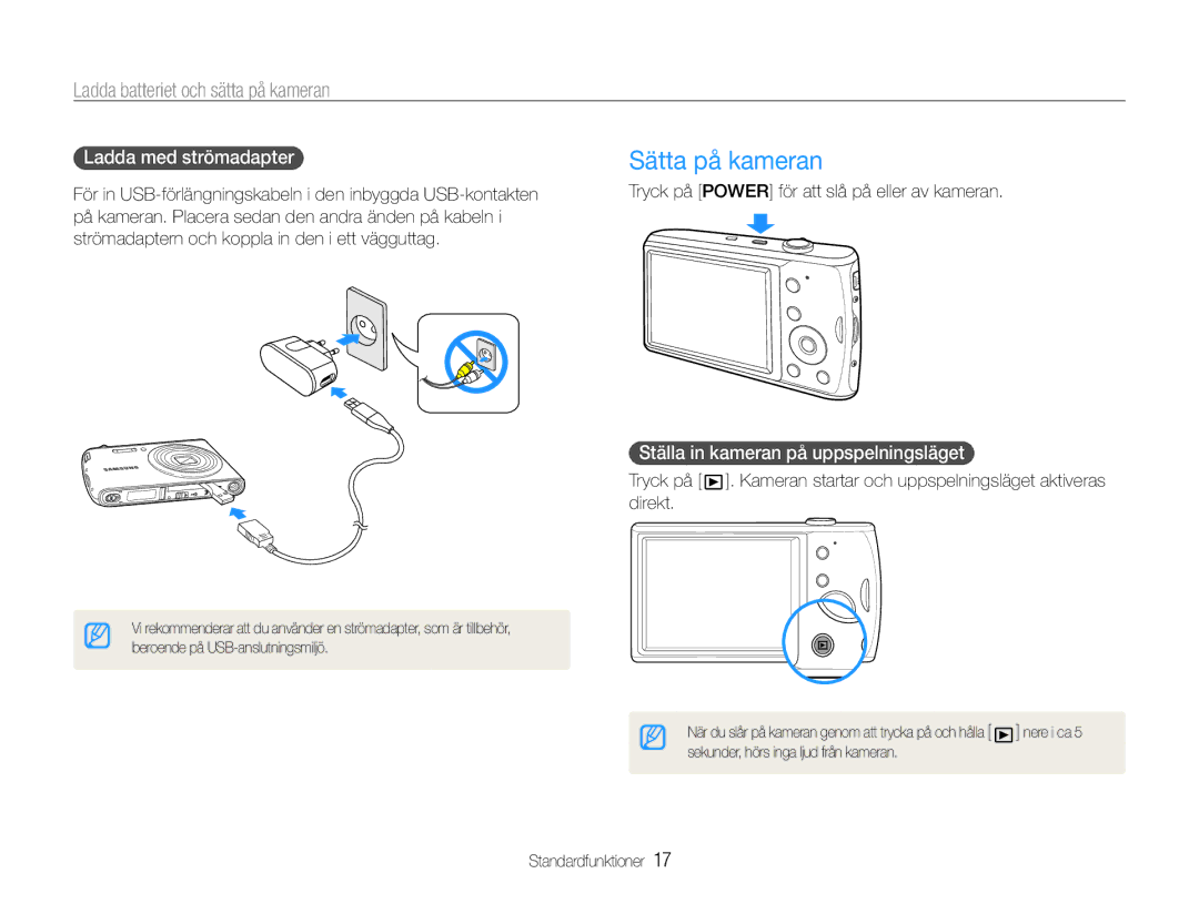 Samsung EC-PL90ZZBAAE3, EC-PL90ZZBAAE2 manual Sätta på kameran, Ladda batteriet och sätta på kameran, Ladda med strömadapter 