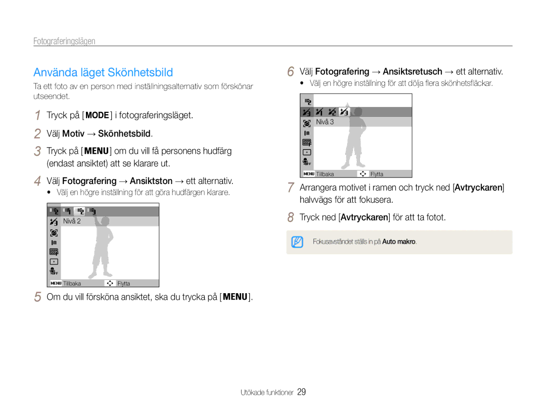 Samsung EC-PL90ZZBAAE3, EC-PL90ZZBAAE2 manual Använda läget Skönhetsbild, Välj Fotografering → Ansiktston → ett alternativ 