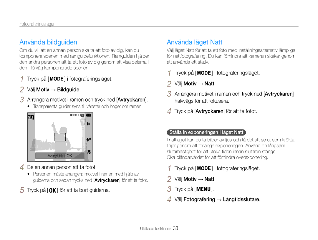 Samsung EC-PL90ZZBAAE2, EC-PL90ZZBAAE3, EC-PL90ZZBAEE2, EC-PL90ZZBARE2, EC-PL90ZZBPAE2 Använda bildguiden, Använda läget Natt 