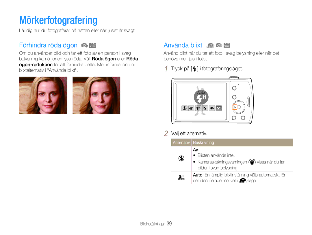 Samsung EC-PL90ZZBPAE2, EC-PL90ZZBAAE3, EC-PL90ZZBAAE2 manual Mörkerfotografering, Förhindra röda ögon, Använda blixt 