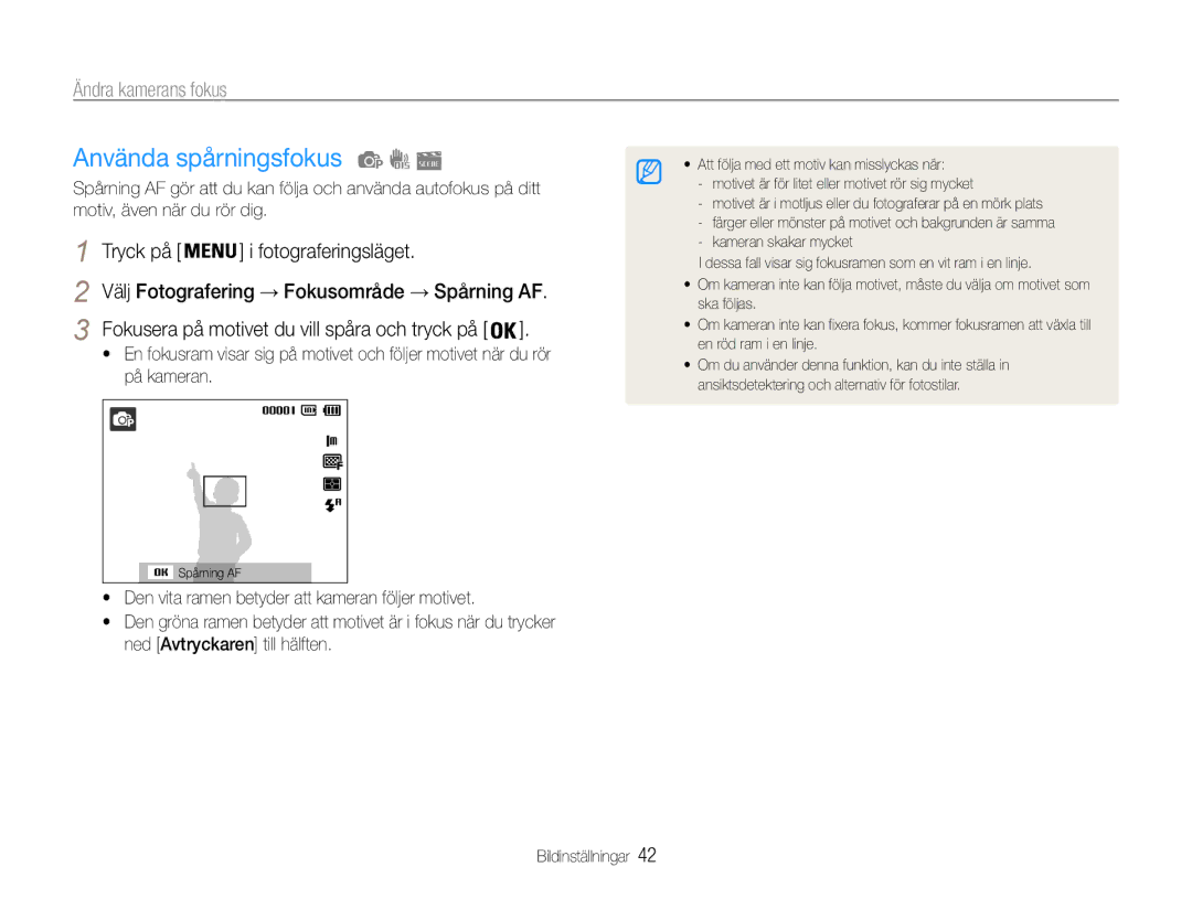 Samsung EC-PL90ZZBAAE2, EC-PL90ZZBAAE3, EC-PL90ZZBAEE2, EC-PL90ZZBARE2 manual Använda spårningsfokus, Ändra kamerans fokus 