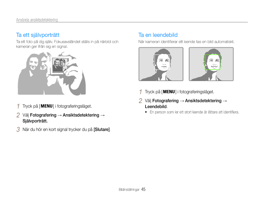 Samsung EC-PL90ZZBPAE2, EC-PL90ZZBAAE3 manual Ta ett självporträtt, Ta en leendebild, Använda ansiktsdetektering, Leendebild 