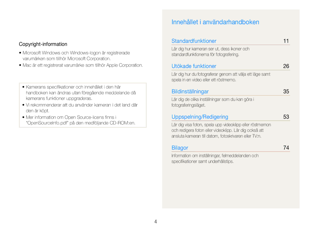 Samsung EC-PL90ZZBPRE2 manual Innehållet i användarhandboken, Copyright-information, Spela in en video eller ett röstmemo 