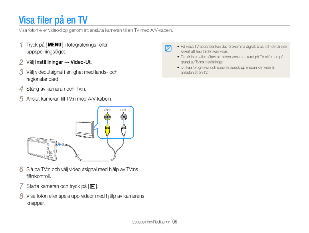 Samsung EC-PL90ZZBAAE2, EC-PL90ZZBAAE3 Visa filer på en TV, Tryck på Fotograferings- eller, Välj Inställningar → Video-Ut 