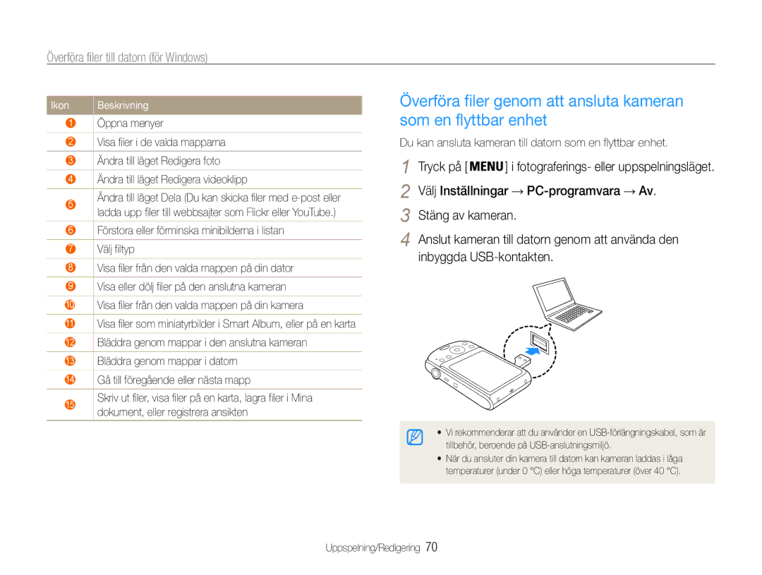 Samsung EC-PL90ZZBPRE2, EC-PL90ZZBAAE3, EC-PL90ZZBAAE2, EC-PL90ZZBAEE2 manual Välj Inställningar → PC-programvara → Av, Ikon 