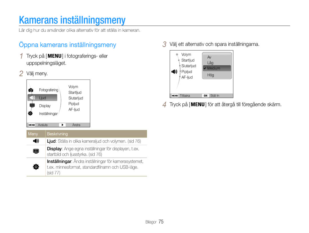 Samsung EC-PL90ZZBPAE2 manual Kamerans inställningsmeny, Öppna kamerans inställningsmeny, Välj meny, Meny Beskrivning 