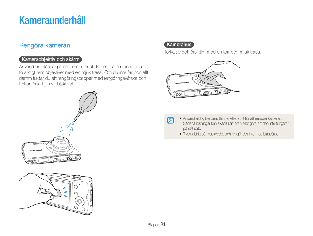 Samsung EC-PL90ZZBPAE2, EC-PL90ZZBAAE3 manual Kameraunderhåll, Rengöra kameran, Kameraobjektiv och skärm, Kamerahus 