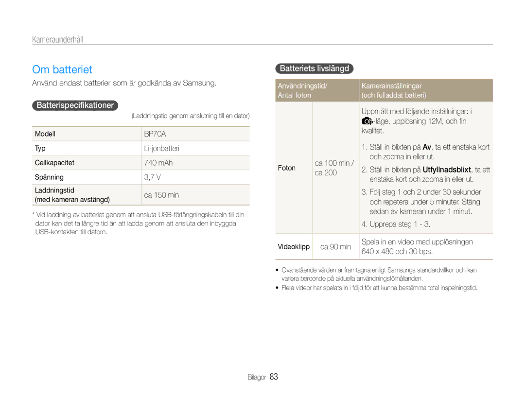 Samsung EC-PL90ZZBAAE3 Om batteriet, Batterispecifikationer, Batteriets livslängd, Användningstid Kamerainställningar 