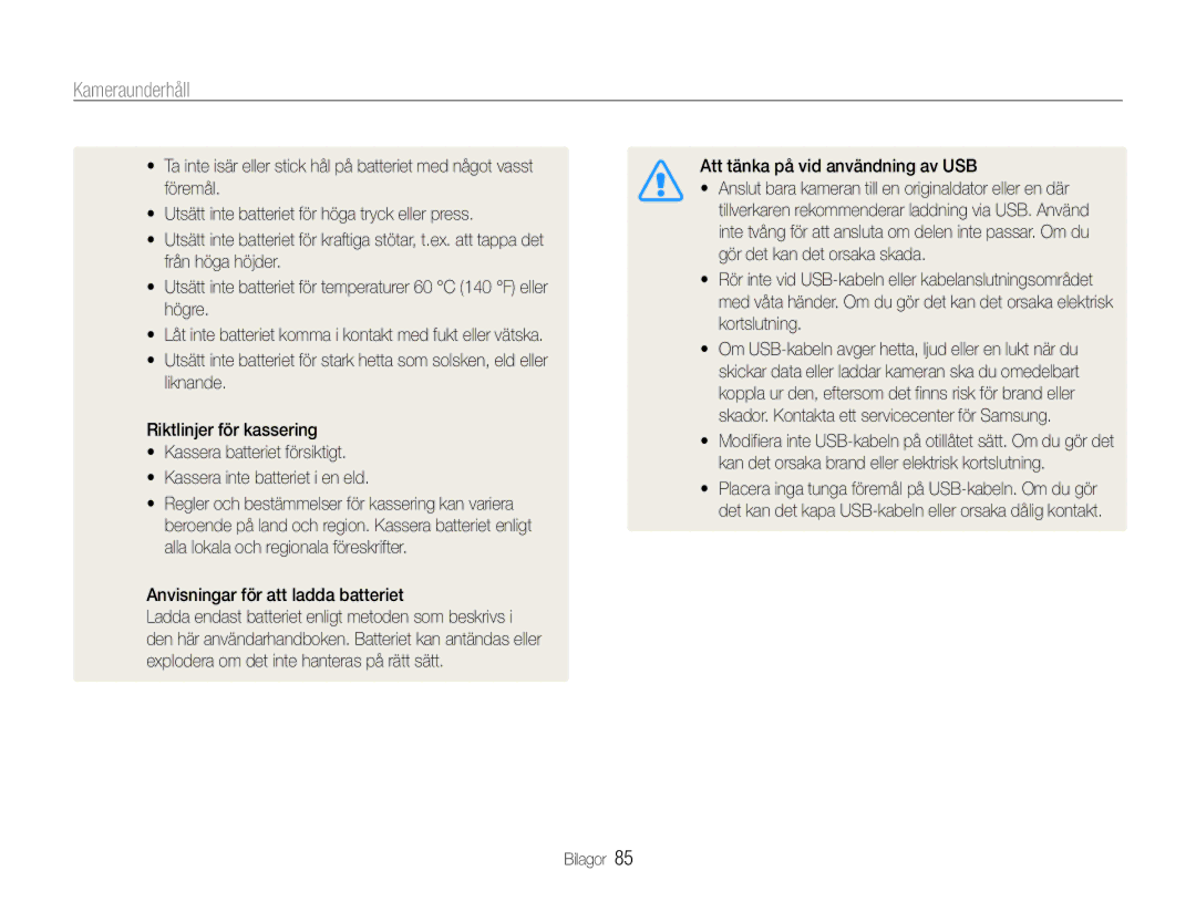 Samsung EC-PL90ZZBAEE2, EC-PL90ZZBAAE3 manual Anvisningar för att ladda batteriet, Att tänka på vid användning av USB 