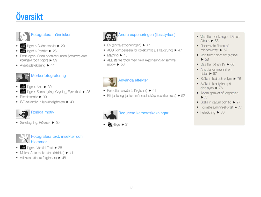 Samsung EC-PL90ZZBARE2, EC-PL90ZZBAAE3, EC-PL90ZZBAAE2, EC-PL90ZZBAEE2, EC-PL90ZZBPAE2 manual Översikt, Fotografera människor 