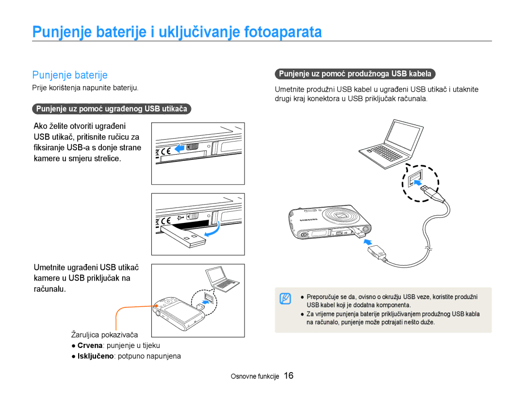 Samsung EC-PL90ZZBPEE3, EC-PL90ZZBAAE3 Punjenje baterije i uključivanje fotoaparata, Prije korištenja napunite bateriju 