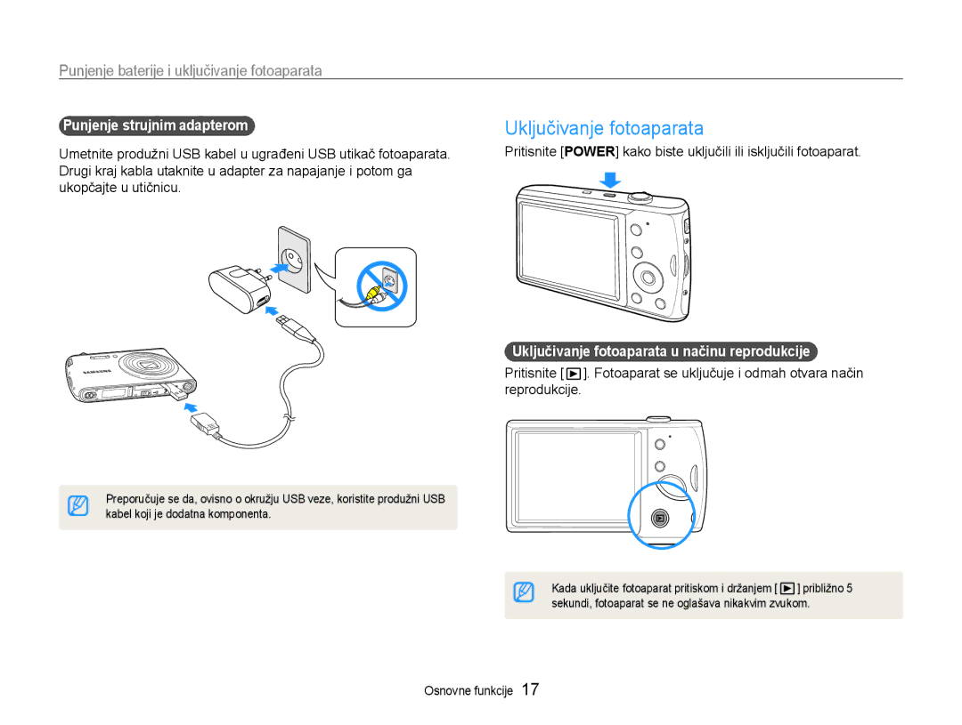 Samsung EC-PL90ZZBPRE3 Uključivanje fotoaparata, Punjenje baterije i uključivanje fotoaparata, Punjenje strujnim adapterom 