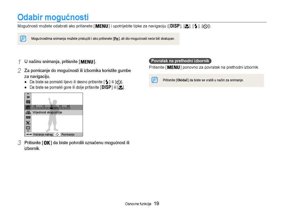 Samsung EC-PL90ZZBAAE3, EC-PL90ZZBPEE3 manual Odabir mogućnosti, Pritisnite, Izbornik, Povratak na prethodni izbornik 