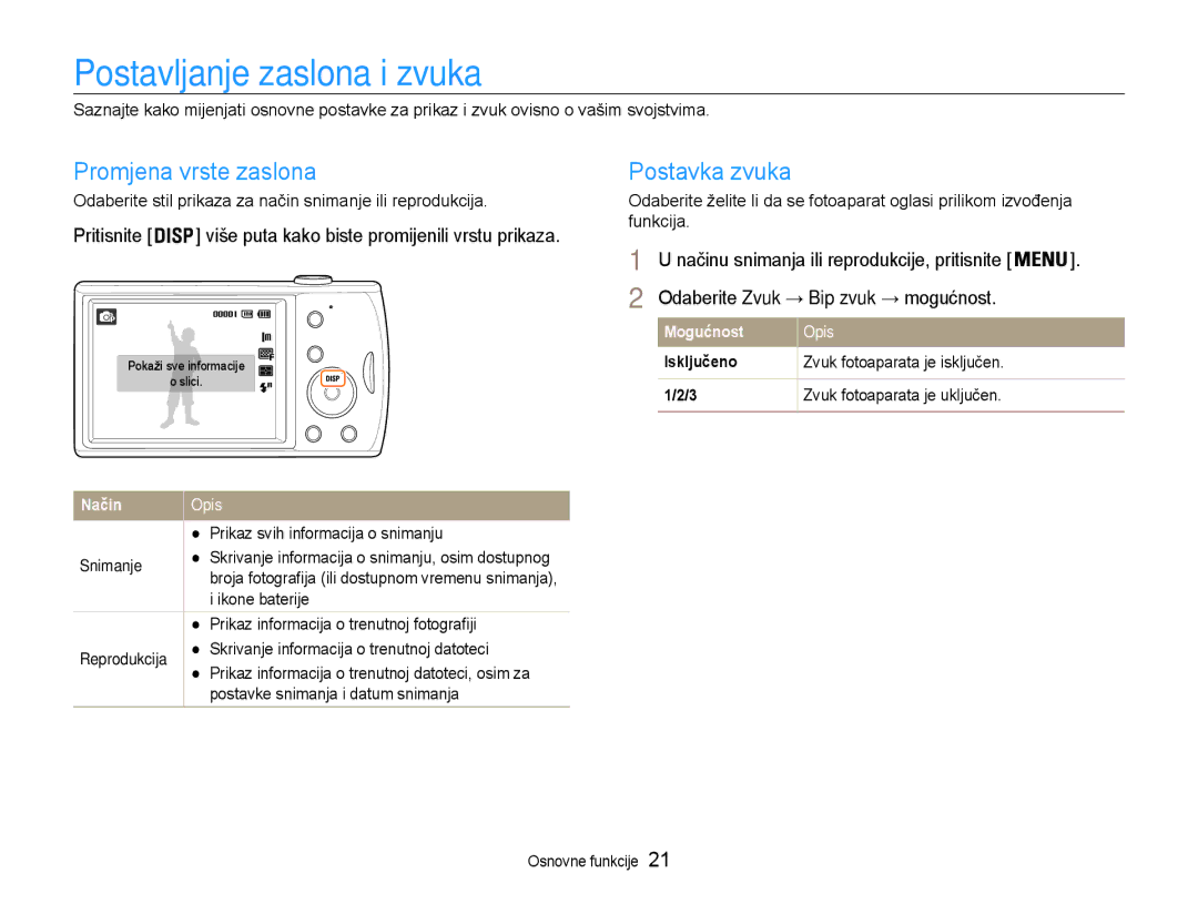 Samsung EC-PL90ZZBPRE3, EC-PL90ZZBAAE3, EC-PL90ZZBPEE3 Postavljanje zaslona i zvuka, Promjena vrste zaslona, Postavka zvuka 