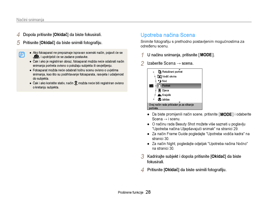 Samsung EC-PL90ZZBPEE3, EC-PL90ZZBAAE3, EC-PL90ZZBPRE3 manual Upotreba načina Scena, Načini snimanja, Izaberite Scena → scena 