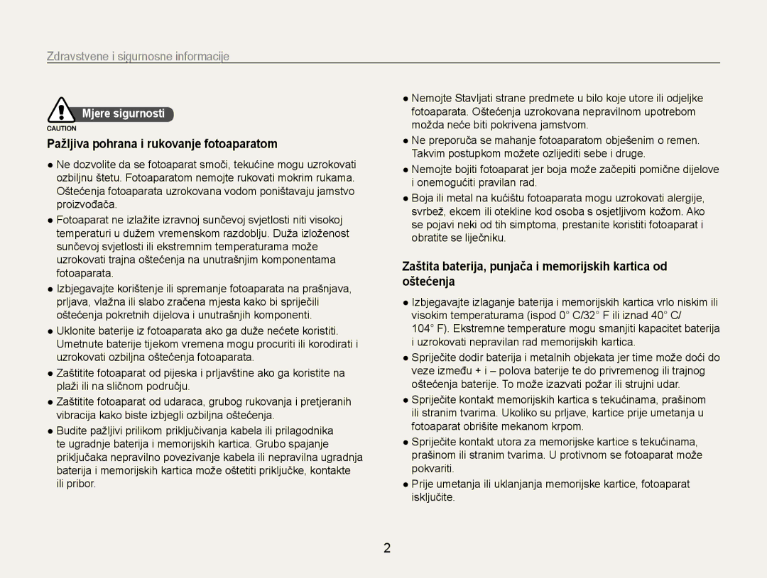 Samsung EC-PL90ZZBPAE3, EC-PL90ZZBAAE3 Zdravstvene﻿ i sigurnosne informacije, Pažljiva pohrana i rukovanje fotoaparatom 