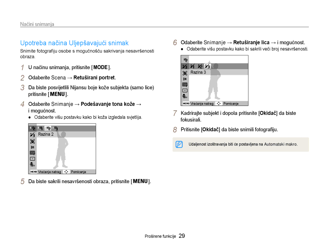 Samsung EC-PL90ZZBPRE3 manual Upotreba načina Uljepšavajući snimak, Odaberite Scena → Retuširani portret, Mogućnost 