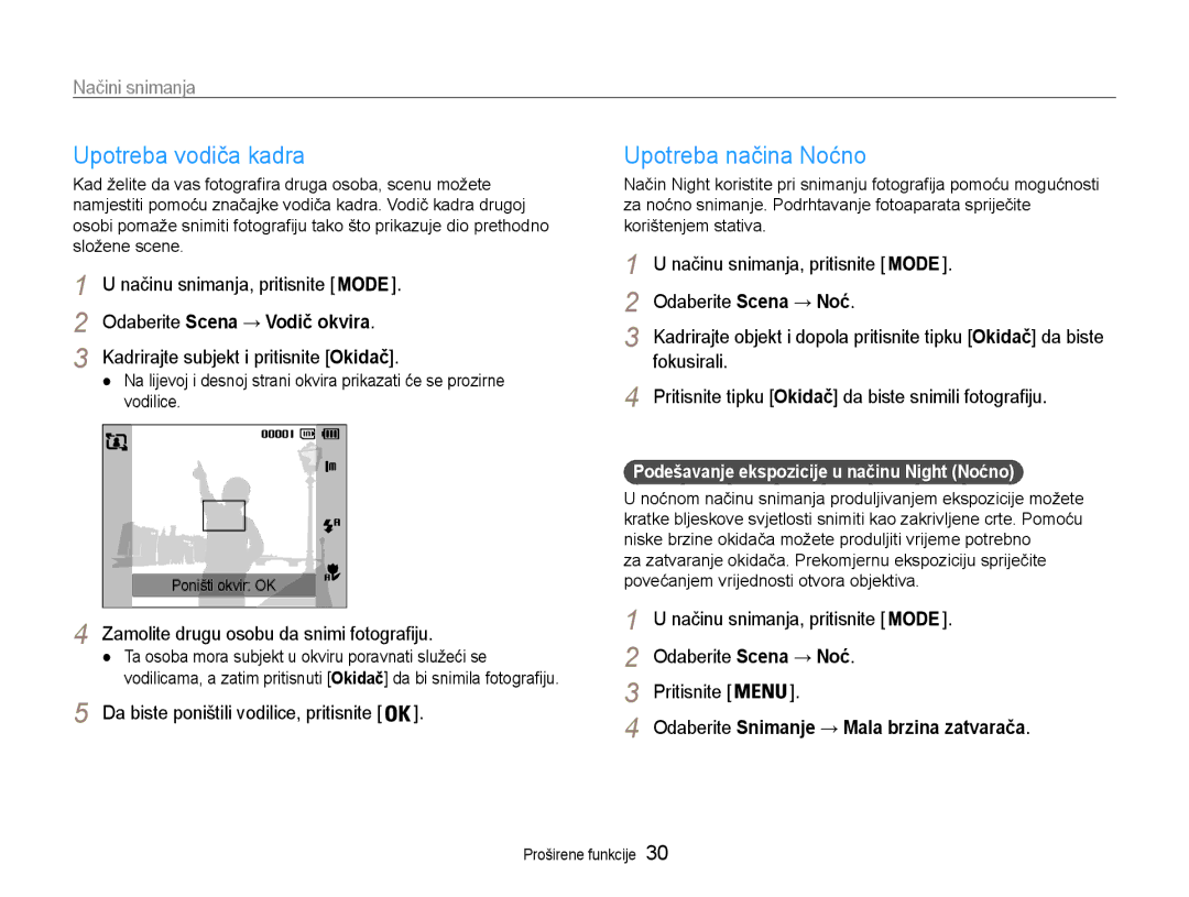 Samsung EC-PL90ZZBPAE3, EC-PL90ZZBAAE3, EC-PL90ZZBPEE3, EC-PL90ZZBPRE3 manual Upotreba vodiča kadra, Upotreba načina Noćno 