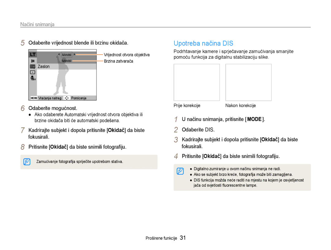 Samsung EC-PL90ZZBAAE3 manual Upotreba načina DIS, Odaberite vrijednost blende ili brzinu okidača, Odaberite mogućnost 