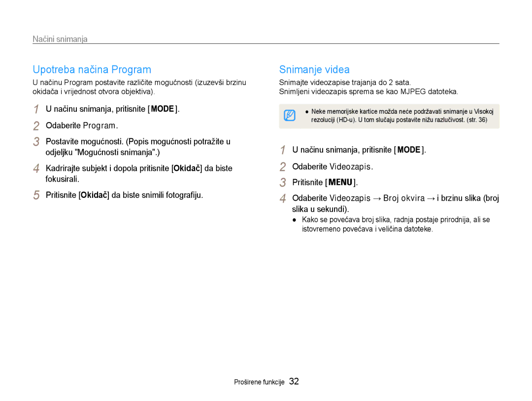 Samsung EC-PL90ZZBPEE3 manual Upotreba načina Program, Snimanje videa, Načinu snimanja, pritisnite Odaberite Program 