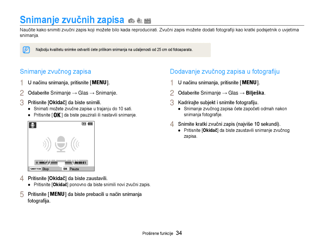 Samsung EC-PL90ZZBPAE3 manual Snimanje zvučnih zapisa, Snimanje zvučnog zapisa, Dodavanje zvučnog zapisa u fotografiju 