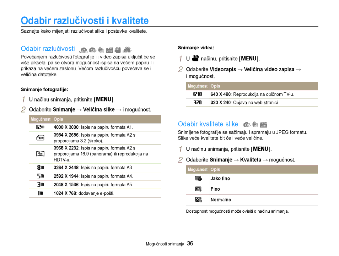 Samsung EC-PL90ZZBPEE3, EC-PL90ZZBAAE3 manual Odabir razlučivosti i kvalitete, Odabir kvalitete slike, Načinu, pritisnite 