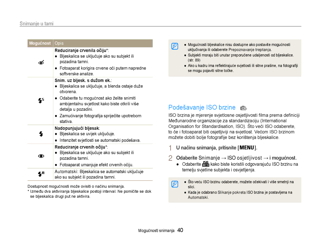 Samsung EC-PL90ZZBPEE3 manual Podešavanje ISO brzine, Snimanje u tami, Snim. uz bljesk. s dužom ek, Nadopunjujući bljesak 