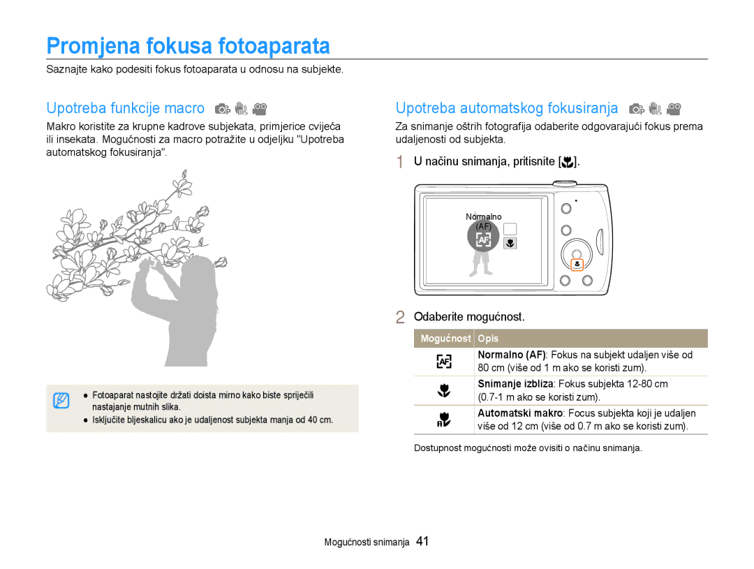 Samsung EC-PL90ZZBPRE3 manual Promjena fokusa fotoaparata, Upotreba funkcije macro, Upotreba automatskog fokusiranja 
