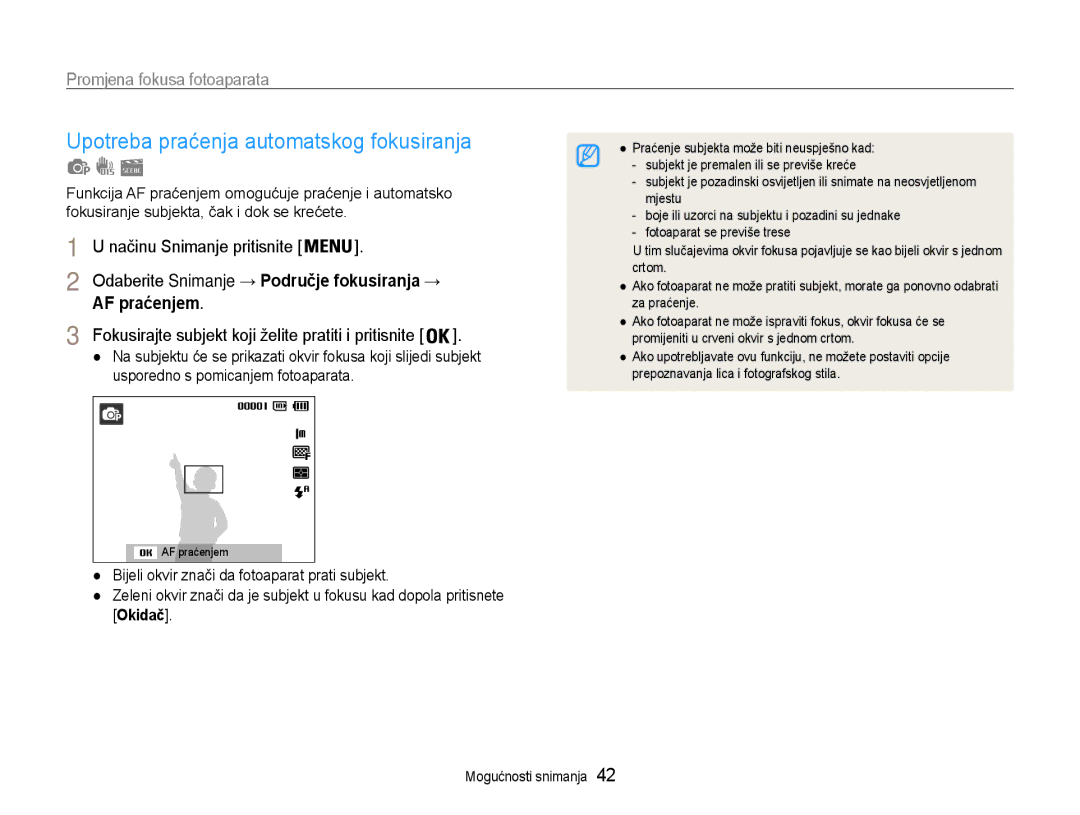 Samsung EC-PL90ZZBPAE3 manual Upotreba praćenja automatskog fokusiranja, Promjena fokusa fotoaparata, AF praćenjem 