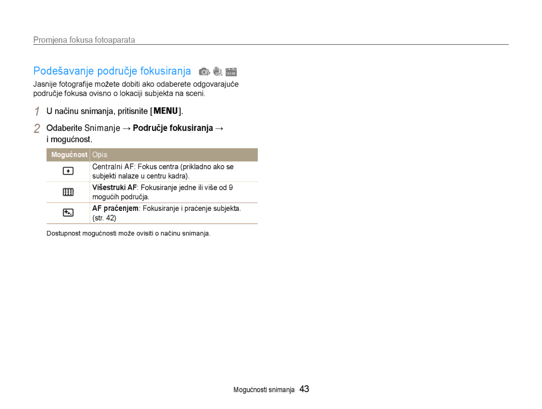 Samsung EC-PL90ZZBAAE3 manual Podešavanje područje fokusiranja, Odaberite Snimanje → Područje fokusiranja → i mogućnost 