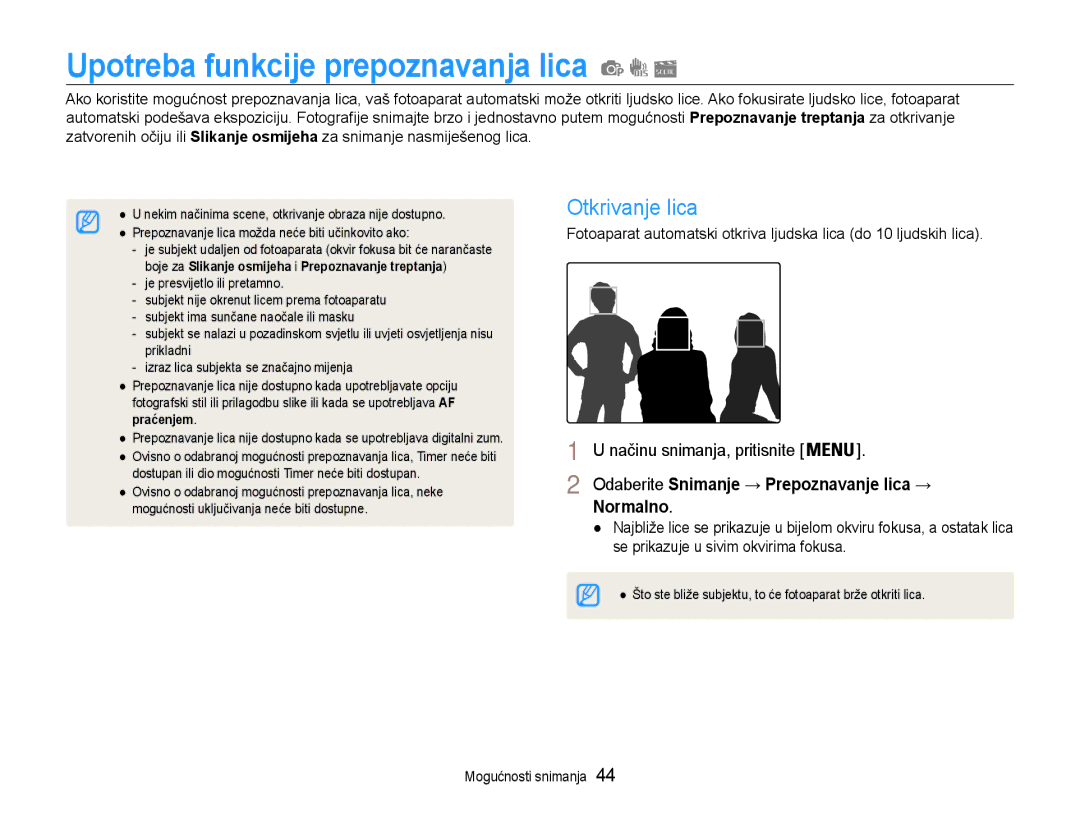 Samsung EC-PL90ZZBPEE3, EC-PL90ZZBAAE3, EC-PL90ZZBPRE3 manual Upotreba funkcije prepoznavanja lica, Otkrivanje lica, Normalno 