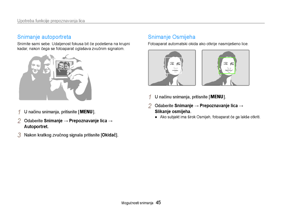 Samsung EC-PL90ZZBPRE3 manual Snimanje autoportreta, Snimanje Osmijeha, Upotreba funkcije prepoznavanja lica, Autoportret 