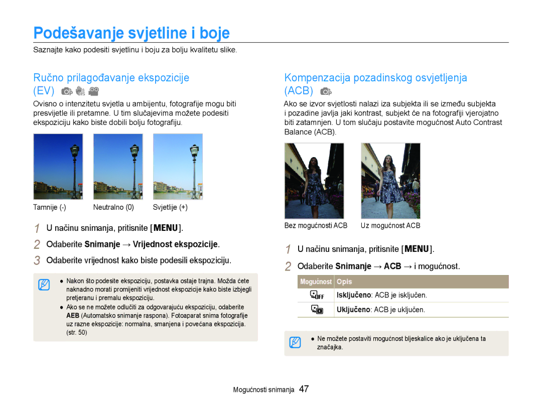 Samsung EC-PL90ZZBAAE3, EC-PL90ZZBPEE3, EC-PL90ZZBPRE3 Podešavanje svjetline i boje, Ručno prilagođavanje ekspozicije EV 